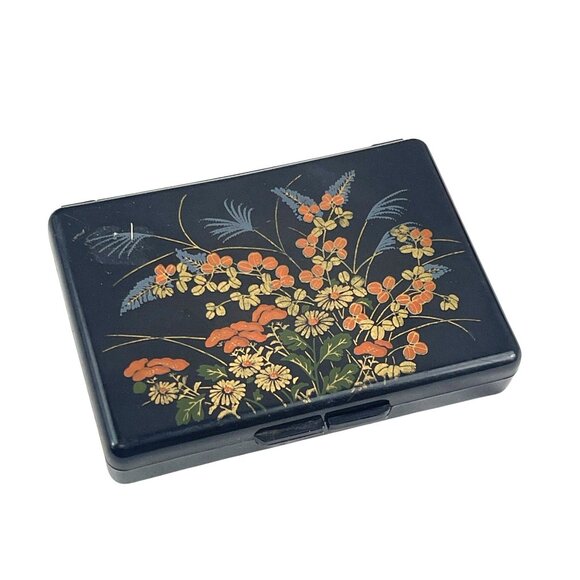 Vintage Black Lacquered Floral Compact Hong Kong With Mirror For Jewelry Trinket - Picture 7 of 9